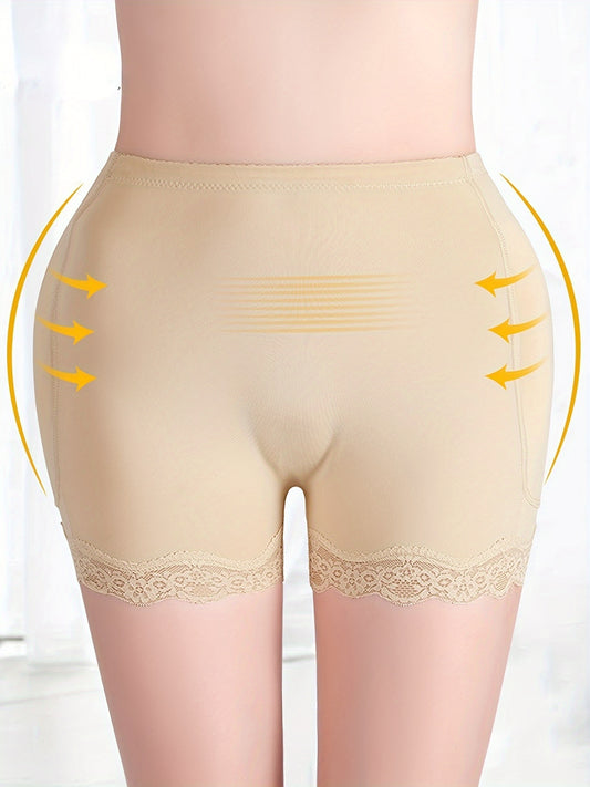 Luxurious High Waist Shaping Shorts - Sculpting Tummy Control, Lifts and Shapes Buttocks, Smooths Silhouette - Polyester Knit Fabric, Contrast Lace Trim, Solid Color Jegging Style Womens Underwear and Shapewear