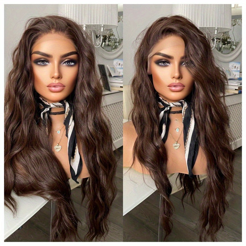 13x3 Ocean Wave Lace Front Wig - Natural Looking, Heat Friendly, Long Wavy Dark Brown Hair for Women - High-Quality Synthetic Fiber, Soft and Breathable, Easy to Style and Maintain