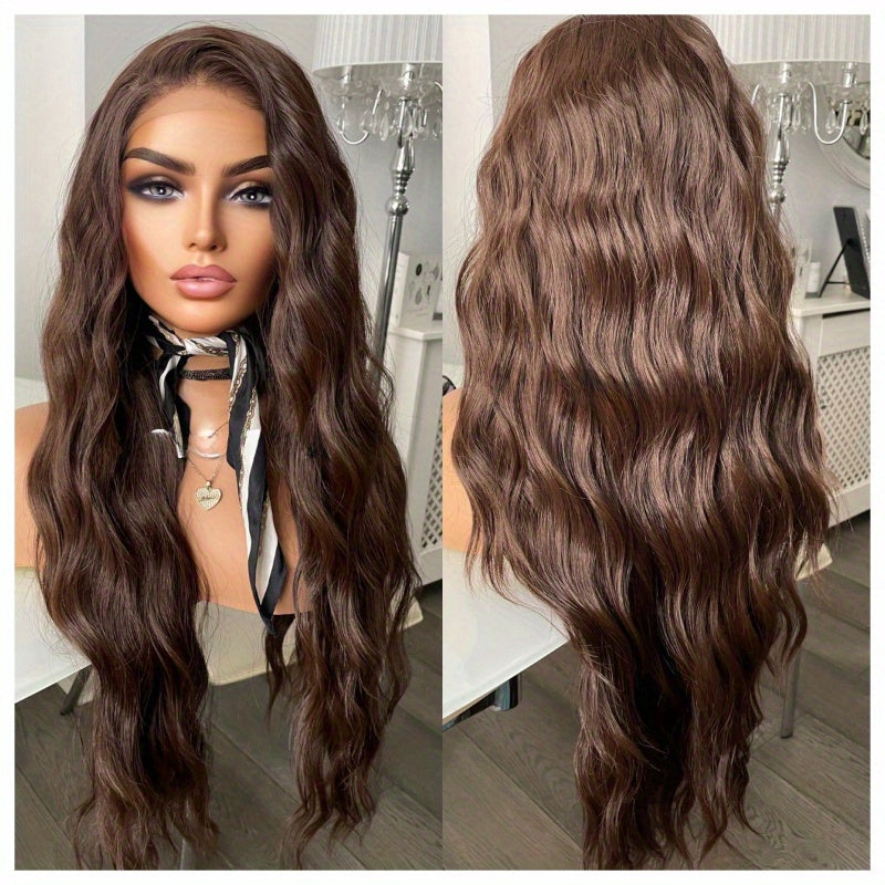 13x3 Ocean Wave Lace Front Wig - Natural Looking, Heat Friendly, Long Wavy Dark Brown Hair for Women - High-Quality Synthetic Fiber, Soft and Breathable, Easy to Style and Maintain