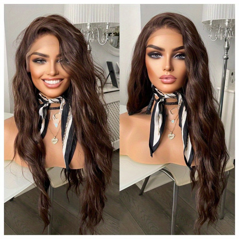 13x3 Ocean Wave Lace Front Wig - Natural Looking, Heat Friendly, Long Wavy Dark Brown Hair for Women - High-Quality Synthetic Fiber, Soft and Breathable, Easy to Style and Maintain