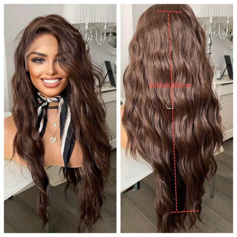 13x3 Ocean Wave Lace Front Wig - Natural Looking, Heat Friendly, Long Wavy Dark Brown Hair for Women - High-Quality Synthetic Fiber, Soft and Breathable, Easy to Style and Maintain