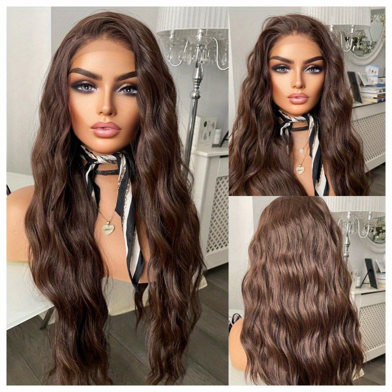 13x3 Ocean Wave Lace Front Wig - Natural Looking, Heat Friendly, Long Wavy Dark Brown Hair for Women - High-Quality Synthetic Fiber, Soft and Breathable, Easy to Style and Maintain