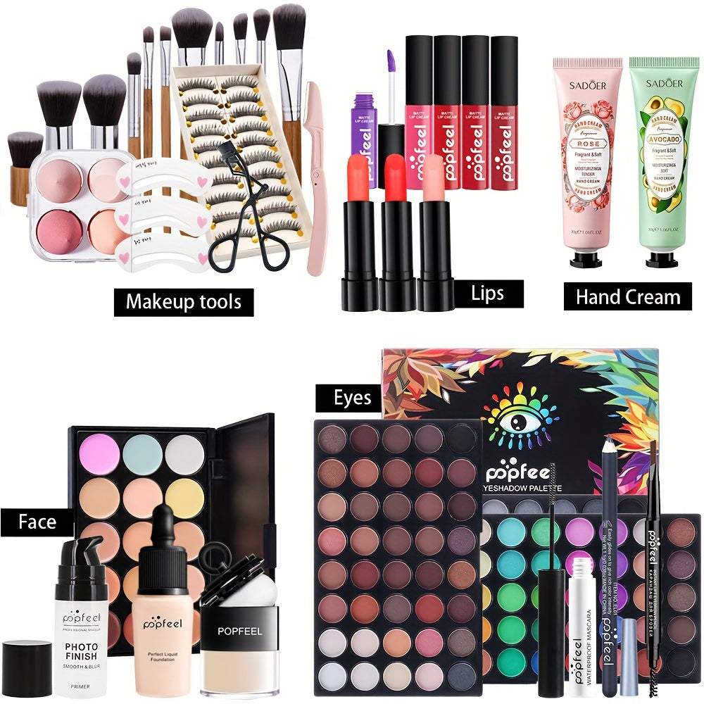 POPFEEL All-in-One Makeup Kit Gift Set with Eyeshadow Palette, Foundation, Lip Gloss, Blush, Brushes, Eyeliner, and More - Mixed Color Paste System for Professional and Personal Use