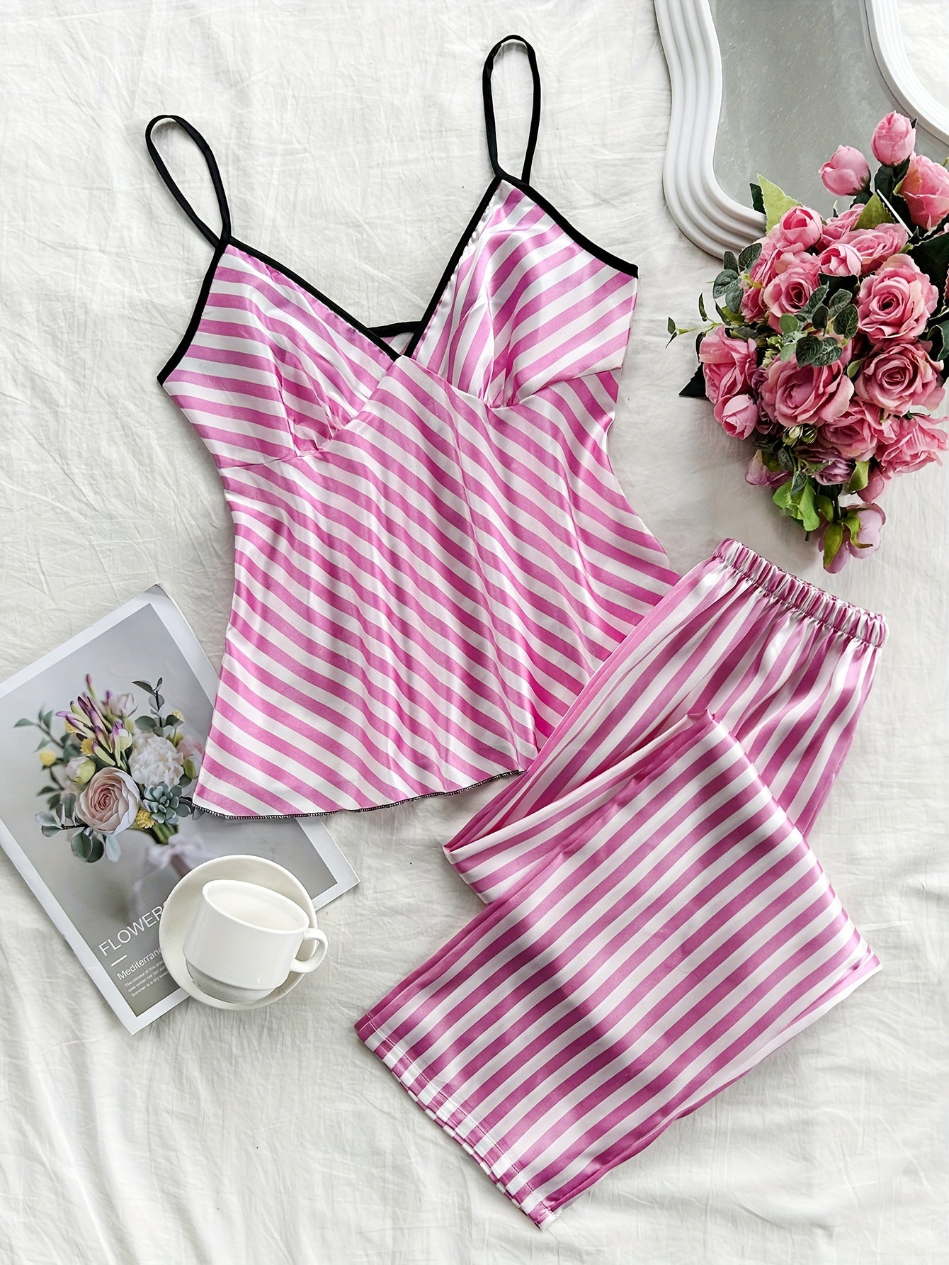 Luxurious Women's Stripe Print Satin Pajama Set - Sets - Soft V Neck Backless Cami Top & Comfortable Relaxed Fit Pants for a Restful Sleep - Perfect for Lounging Around