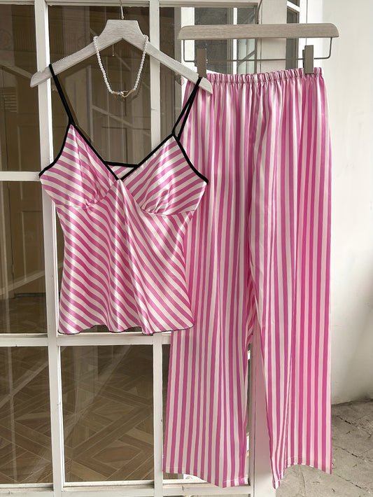 Luxurious Women's Stripe Print Satin Pajama Set - Sets - Soft V Neck Backless Cami Top & Comfortable Relaxed Fit Pants for a Restful Sleep - Perfect for Lounging Around