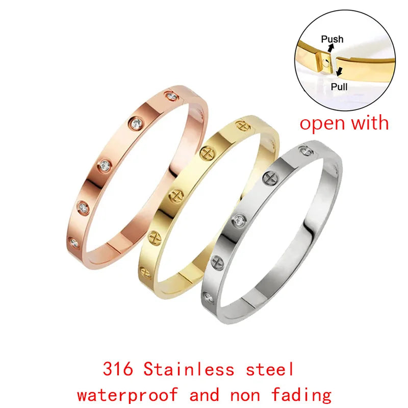 2023 New Design Gold Color Zircon And Cross Nut Nail Bracelet Gold & Bangle For Woman Stainless Steel Screw Brand Jewelry