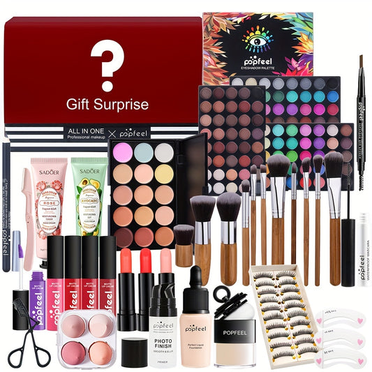 POPFEEL All-in-One Makeup Kit Gift Set with Eyeshadow Palette, Foundation, Lip Gloss, Blush, Brushes, Eyeliner, and More - Mixed Color Paste System for Professional and Personal Use